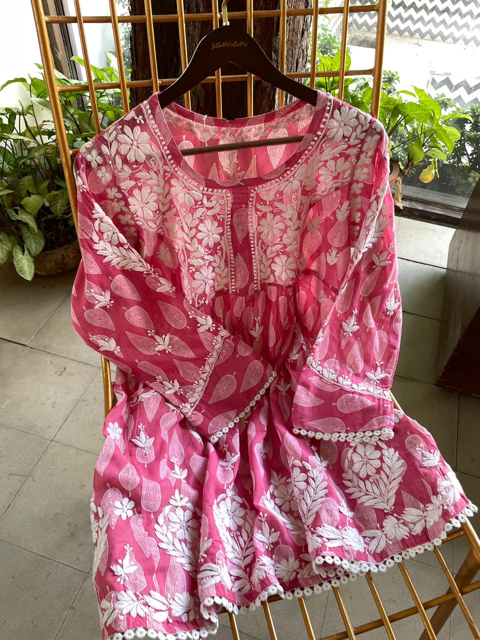 Candy Pink Floral Handblock Printed Cotton Peplum Top