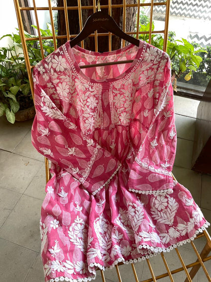 Candy Pink Floral Handblock Printed Cotton Peplum Top