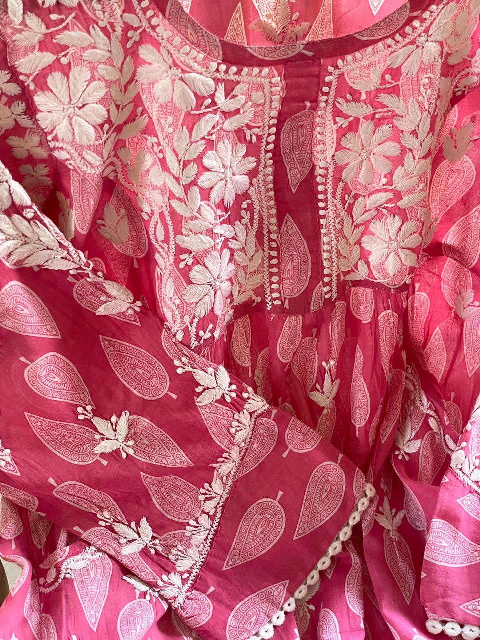 Candy Pink Floral Handblock Printed Cotton Peplum Top