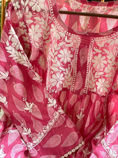Candy Pink Floral Handblock Printed Cotton Peplum Top