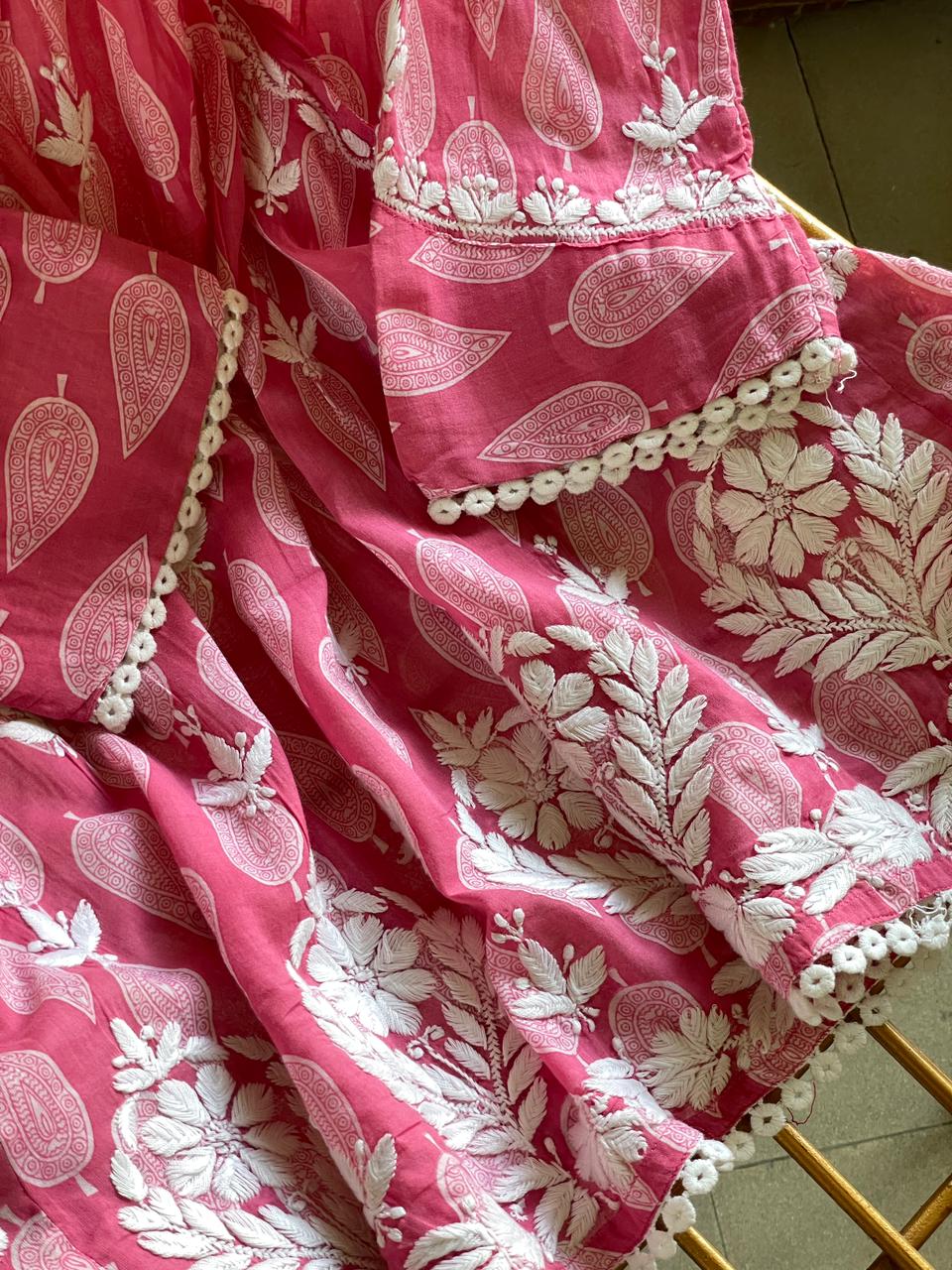 Candy Pink Floral Handblock Printed Cotton Peplum Top