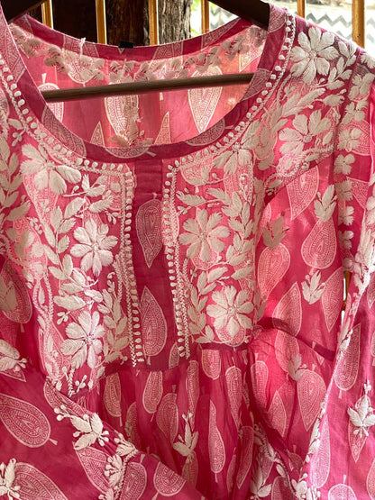 Candy Pink Floral Handblock Printed Cotton Peplum Top