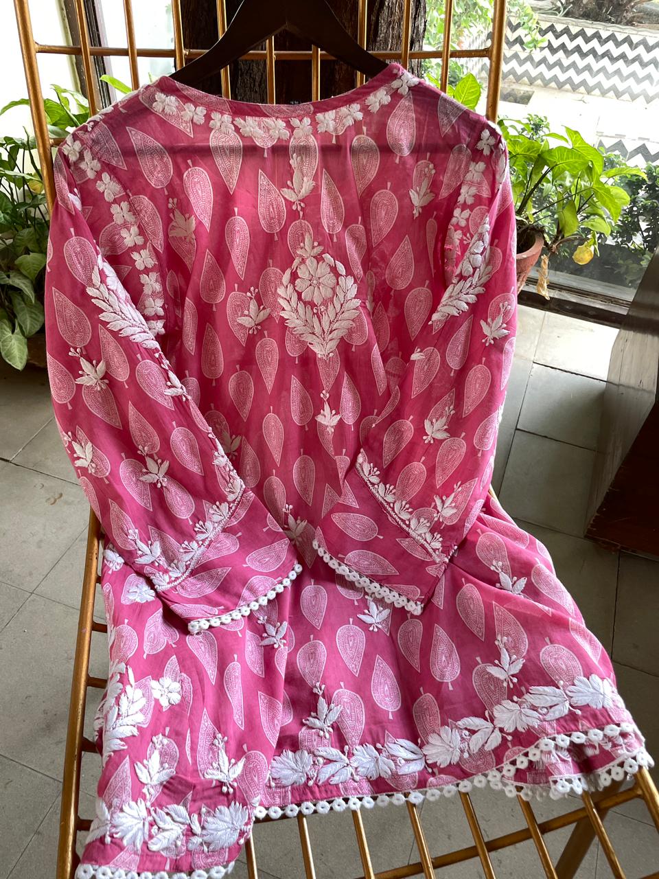 Candy Pink Floral Handblock Printed Cotton Peplum Top