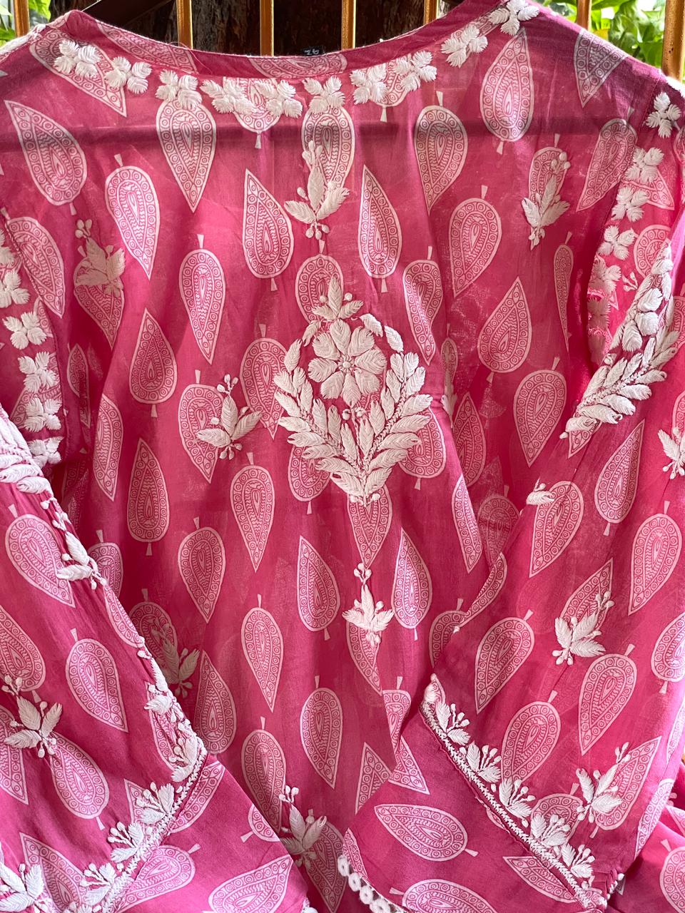 Candy Pink Floral Handblock Printed Cotton Peplum Top
