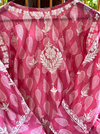 Candy Pink Floral Handblock Printed Cotton Peplum Top