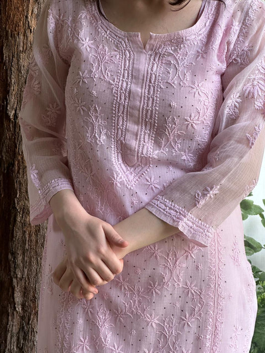 Pink Floral Kota Chikankari Ready To Wear Straight Kurta With Slip