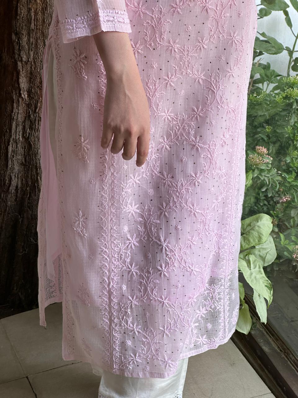 Pink Floral Kota Chikankari Ready To Wear Straight Kurta With Slip