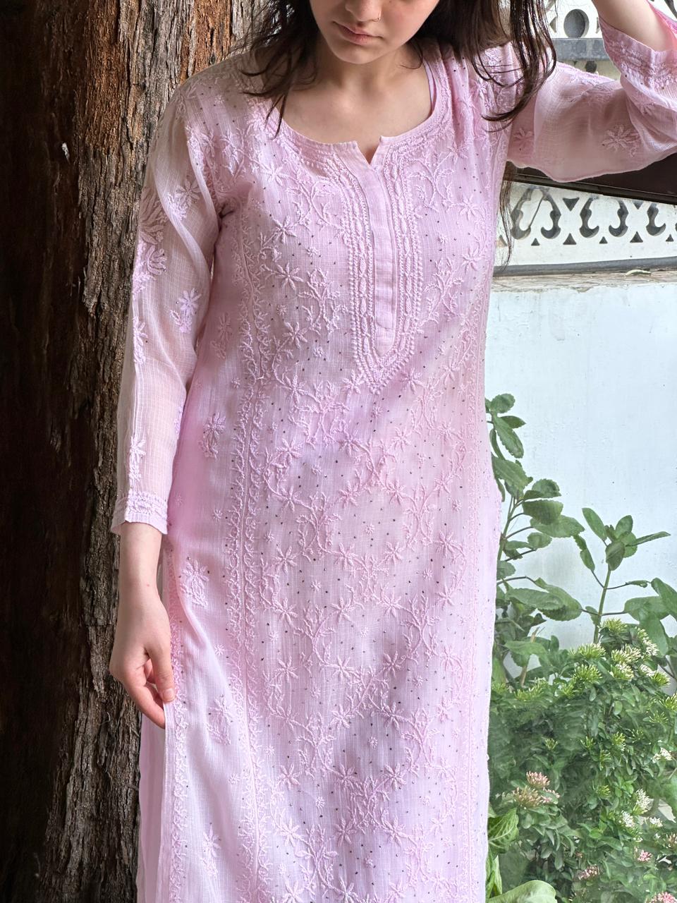 Pink Floral Kota Chikankari Ready To Wear Straight Kurta With Slip