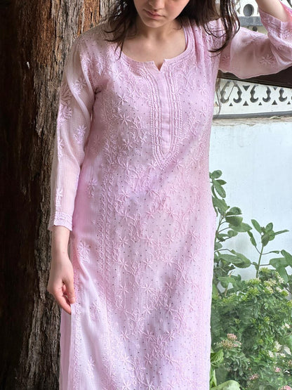 Pink Floral Kota Chikankari Ready To Wear Straight Kurta With Slip