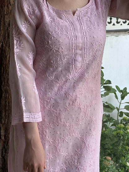 Pink Floral Kota Chikankari Ready To Wear Straight Kurta With Slip