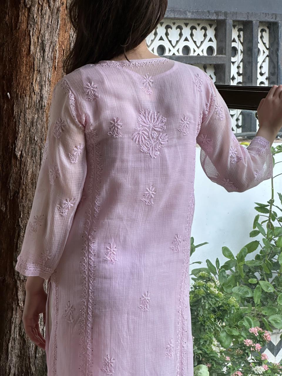 Pink Floral Kota Chikankari Ready To Wear Straight Kurta With Slip