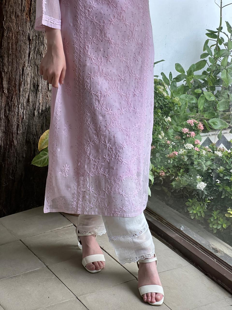 Pink Floral Kota Chikankari Ready To Wear Straight Kurta With Slip