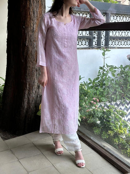 Pink Floral Kota Chikankari Ready To Wear Straight Kurta With Slip