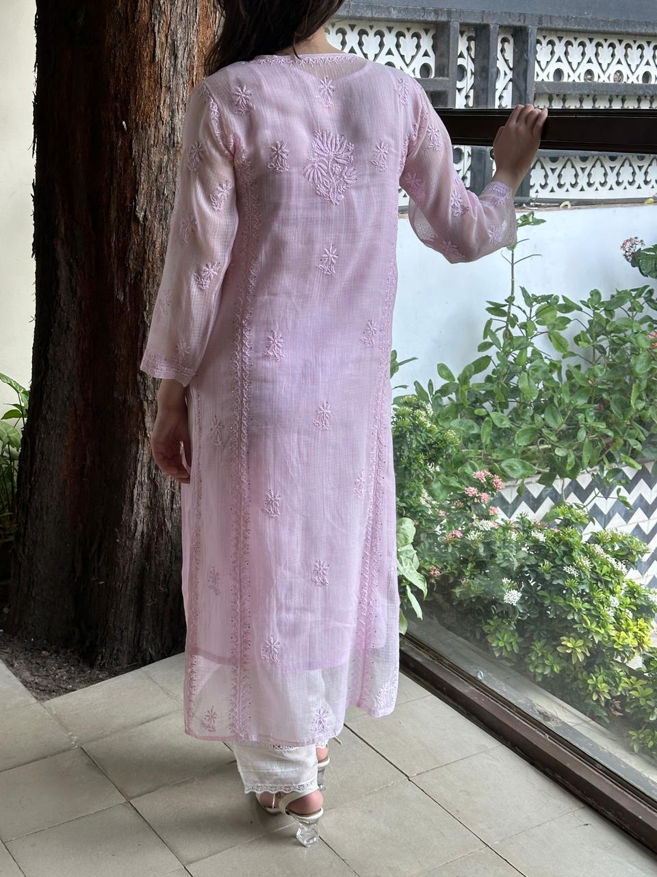 Pink Floral Kota Chikankari Ready To Wear Straight Kurta With Slip