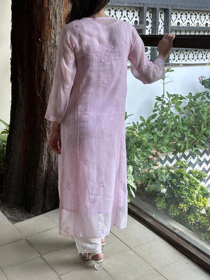 Pink Floral Kota Chikankari Ready To Wear Straight Kurta With Slip