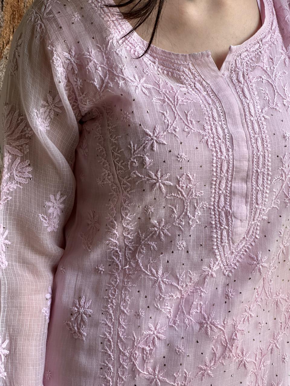 Pink Floral Kota Chikankari Ready To Wear Straight Kurta With Slip