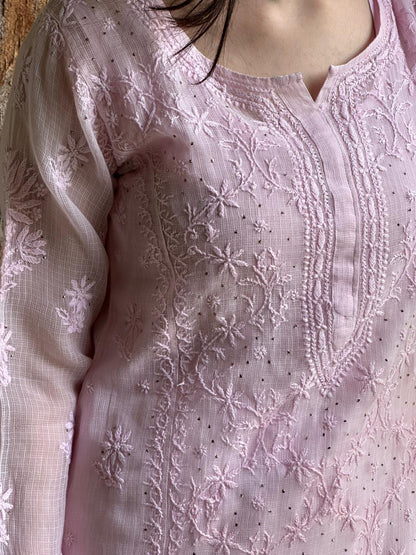 Pink Floral Kota Chikankari Ready To Wear Straight Kurta With Slip