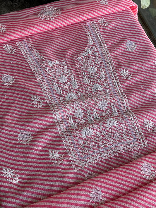 Pink Kota Lehriya Print Chikankari Unstitched Women's Kurta Fabric