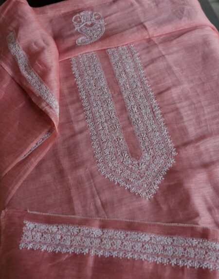 Pink Linen Chikankari Unstitched Men's Kurtas Fabric