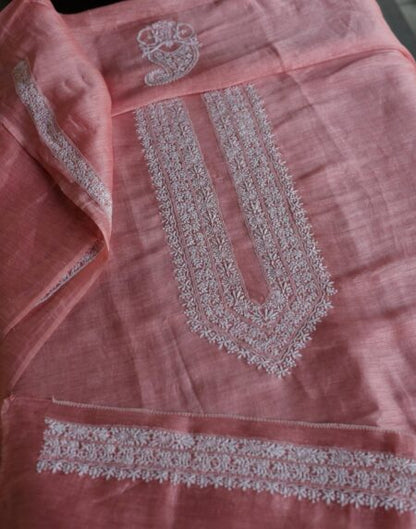 Pink Linen Chikankari Unstitched Men's Kurtas Fabric