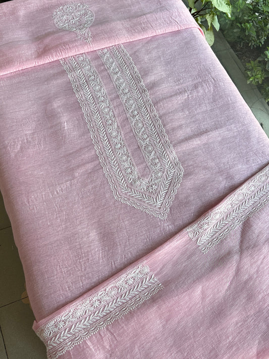 Pink Linen Chikankari Unstitched Men's Kurtas Fabric