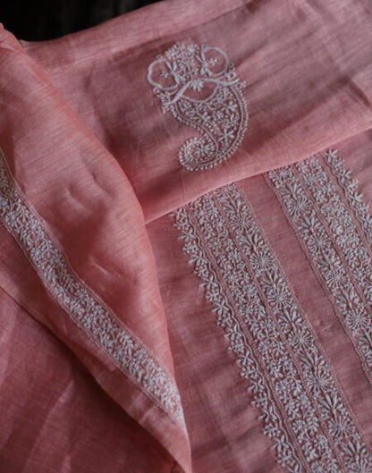 Pink Linen Chikankari Unstitched Men's Kurtas Fabric