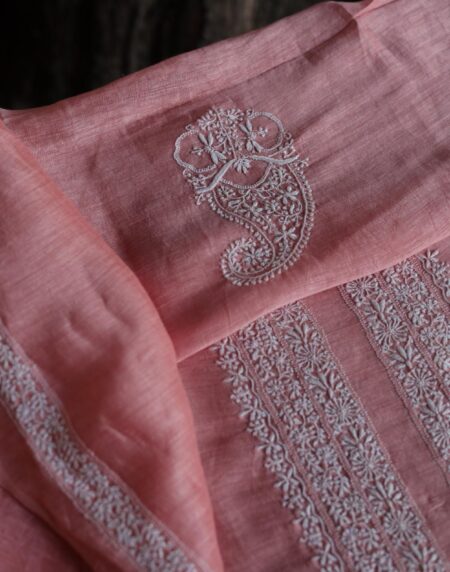 Pink Linen Chikankari Unstitched Men's Kurtas Fabric