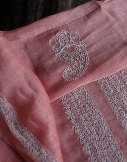 Pink Linen Chikankari Unstitched Men's Kurtas Fabric