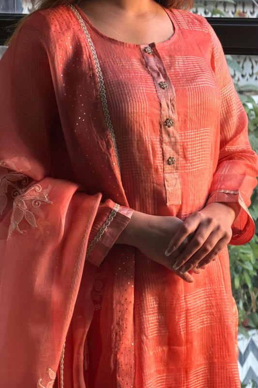 Carrot Pink Maheshwari Checks Ready to Wear Kurta Set