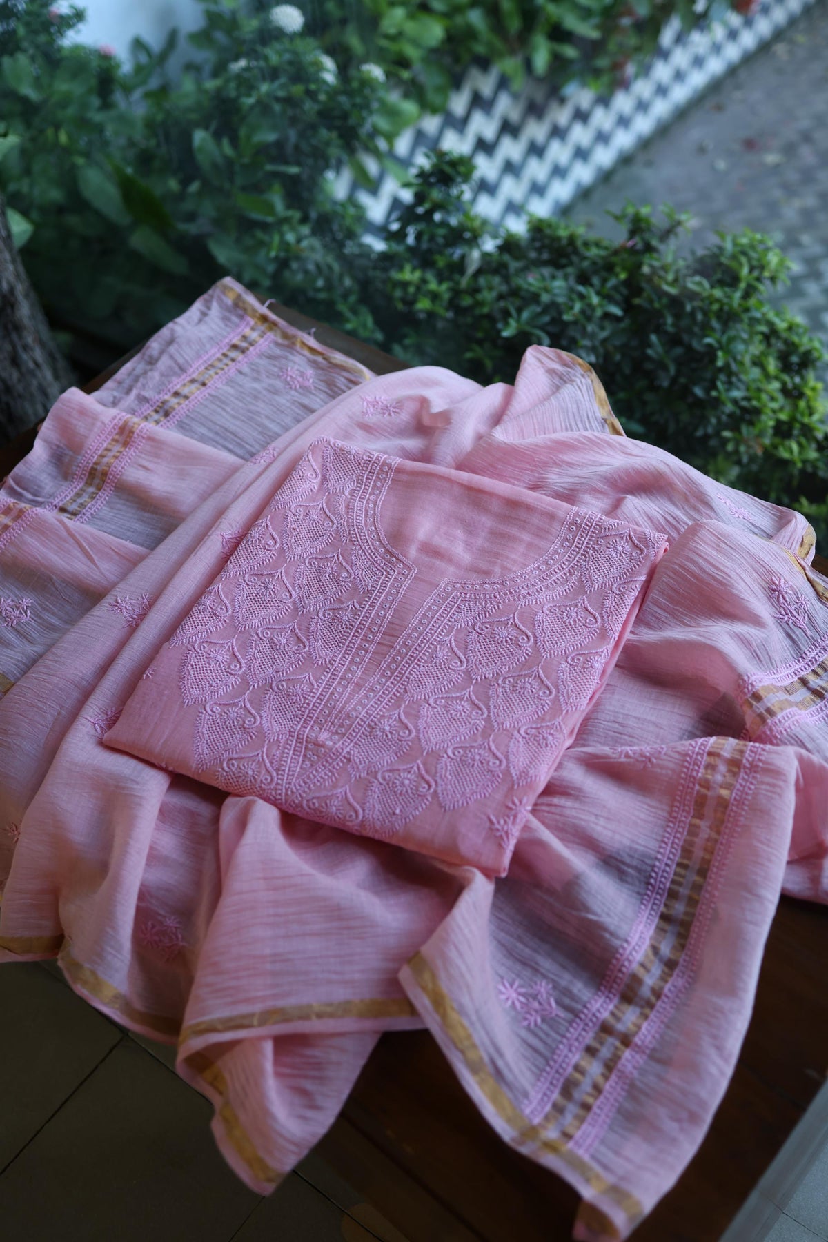 Pink Mal Cotton Chikankari Unstitched Kurta & Dupatta Set