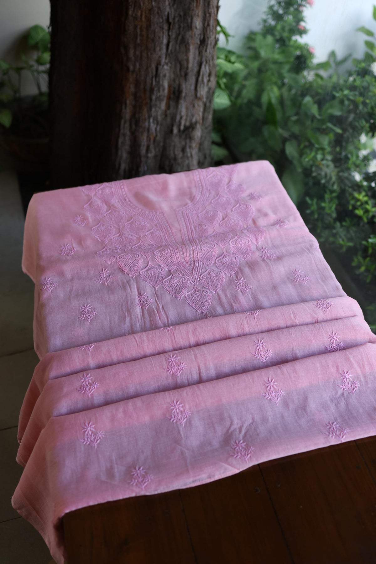 Pink Mal Cotton Chikankari Unstitched Kurta & Dupatta Set