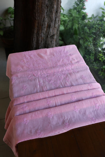 Pink Mal Cotton Chikankari Unstitched Kurta & Dupatta Set