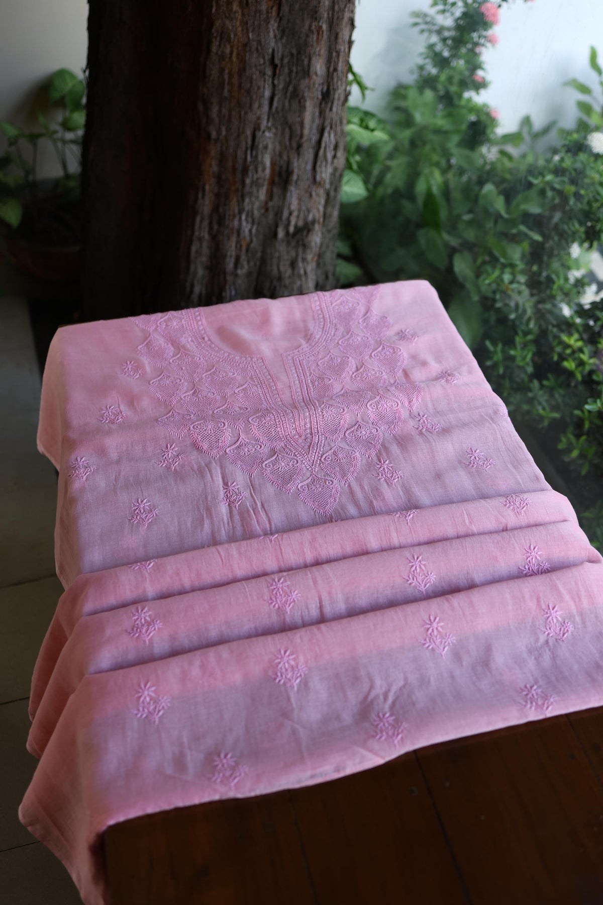 Pink Mal Cotton Chikankari Unstitched Kurta & Dupatta Set