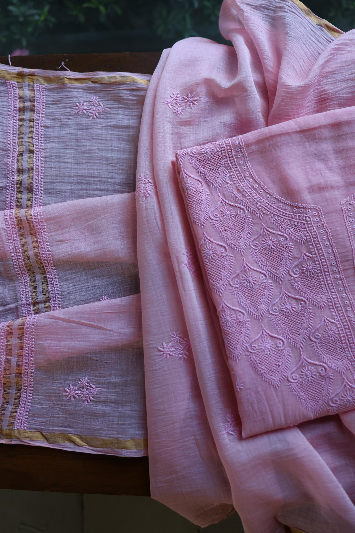 Pink Mal Cotton Chikankari Unstitched Kurta & Dupatta Set