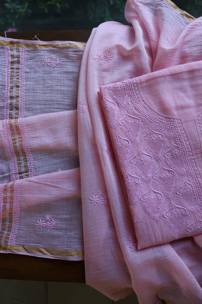 Pink Mal Cotton Chikankari Unstitched Kurta & Dupatta Set