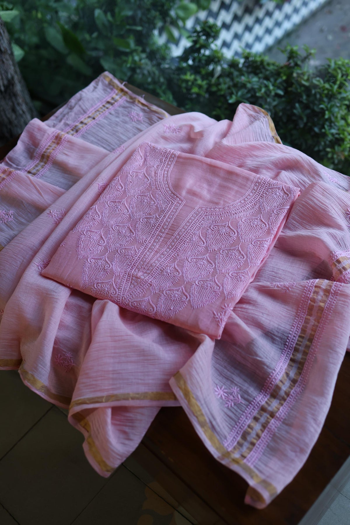 Pink Mal Cotton Chikankari Unstitched Kurta & Dupatta Set