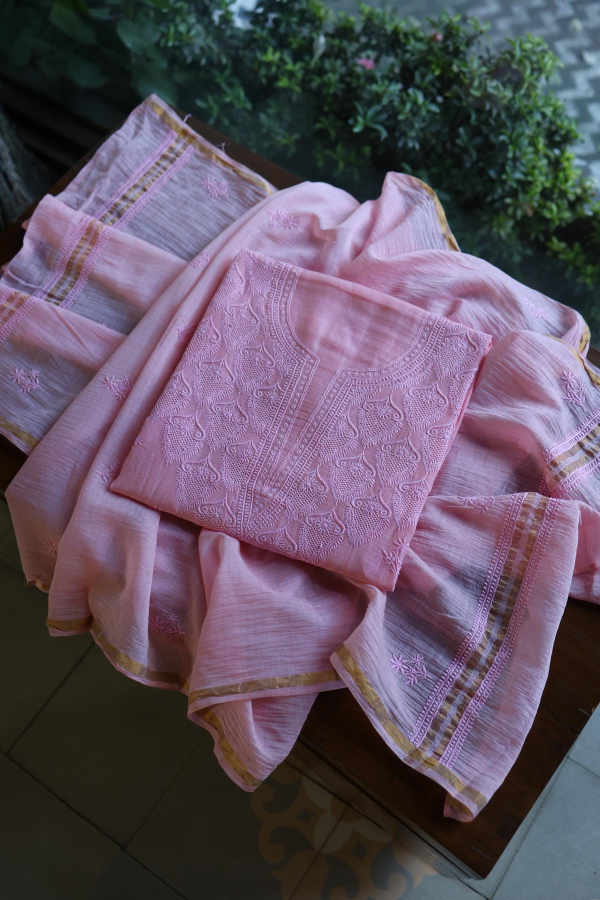 Pink Mal Cotton Chikankari Unstitched Kurta & Dupatta Set