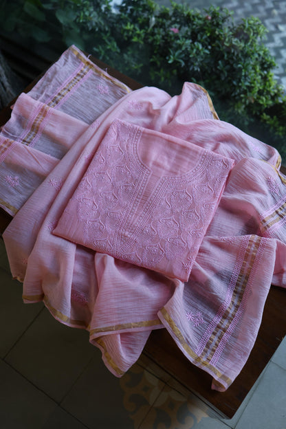 Pink Mal Cotton Chikankari Unstitched Kurta & Dupatta Set