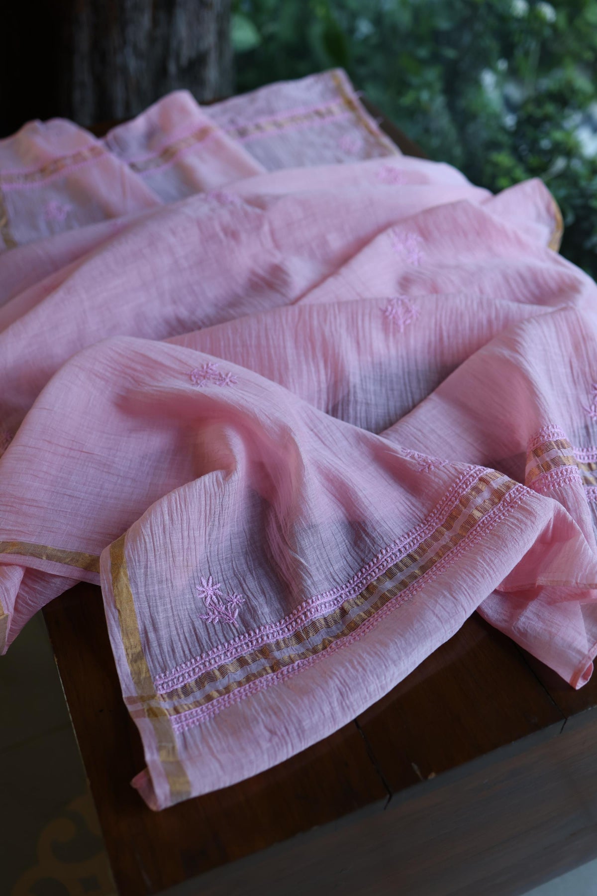 Pink Mal Cotton Chikankari Unstitched Kurta & Dupatta Set