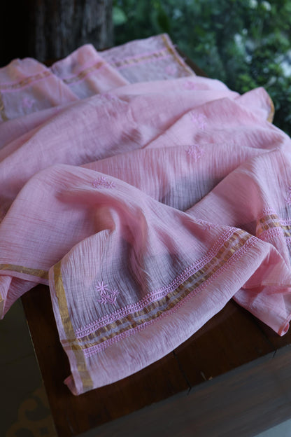 Pink Mal Cotton Chikankari Unstitched Kurta & Dupatta Set