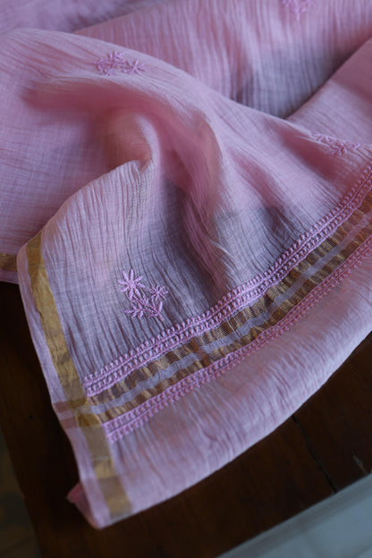 Pink Mal Cotton Chikankari Unstitched Kurta & Dupatta Set