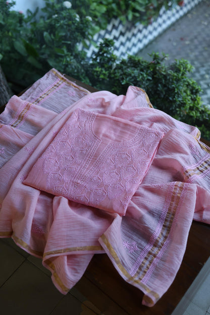 Pink Mal Cotton Chikankari Unstitched Kurta & Dupatta Set