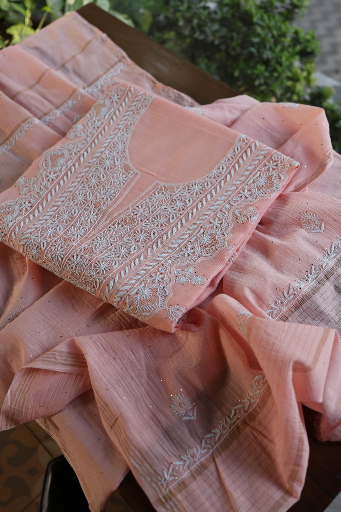 Pink Mal Cotton Fine Chikankari With Kamdani Work Unstitched Fabric