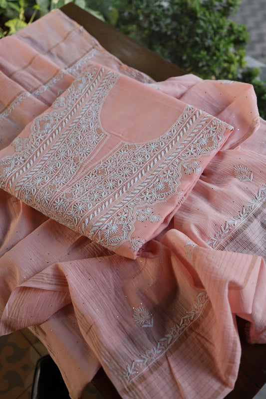 Pink Mal Cotton Fine Chikankari With Kamdani Work Unstitched Fabric
