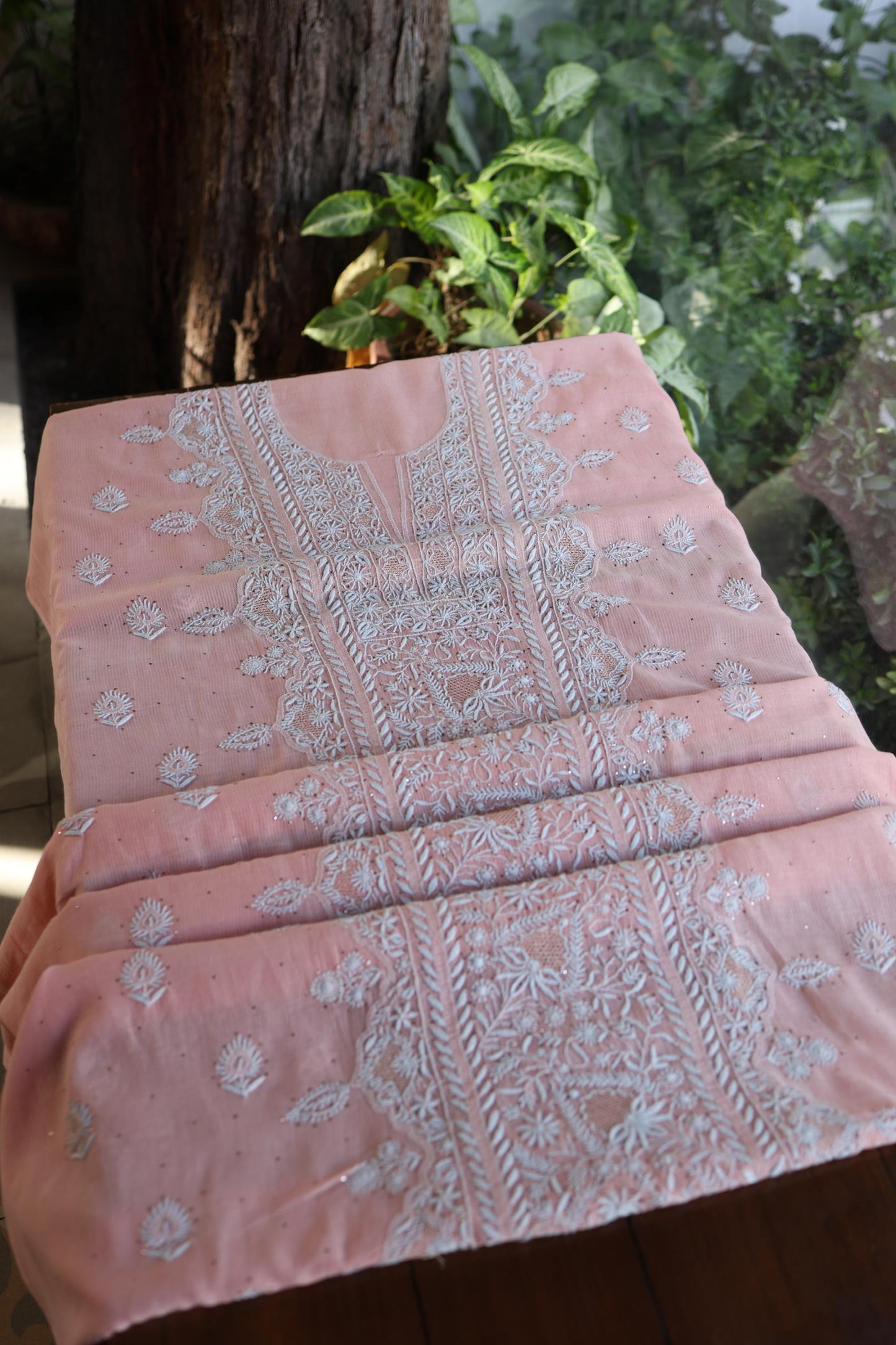 Pink Mal Cotton Fine Chikankari With Kamdani Work Unstitched Fabric