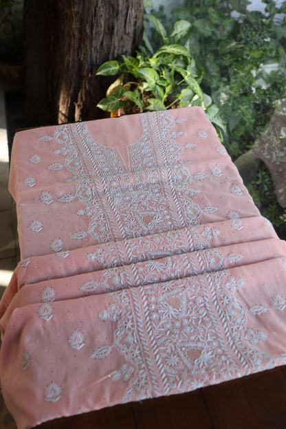 Pink Mal Cotton Fine Chikankari With Kamdani Work Unstitched Fabric
