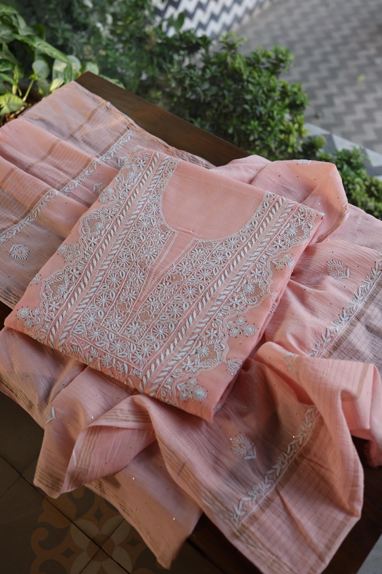 Pink Mal Cotton Fine Chikankari With Kamdani Work Unstitched Fabric
