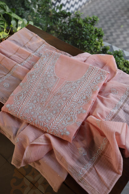 Pink Mal Cotton Fine Chikankari With Kamdani Work Unstitched Fabric