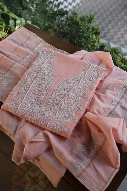 Pink Mal Cotton Fine Chikankari With Kamdani Work Unstitched Fabric