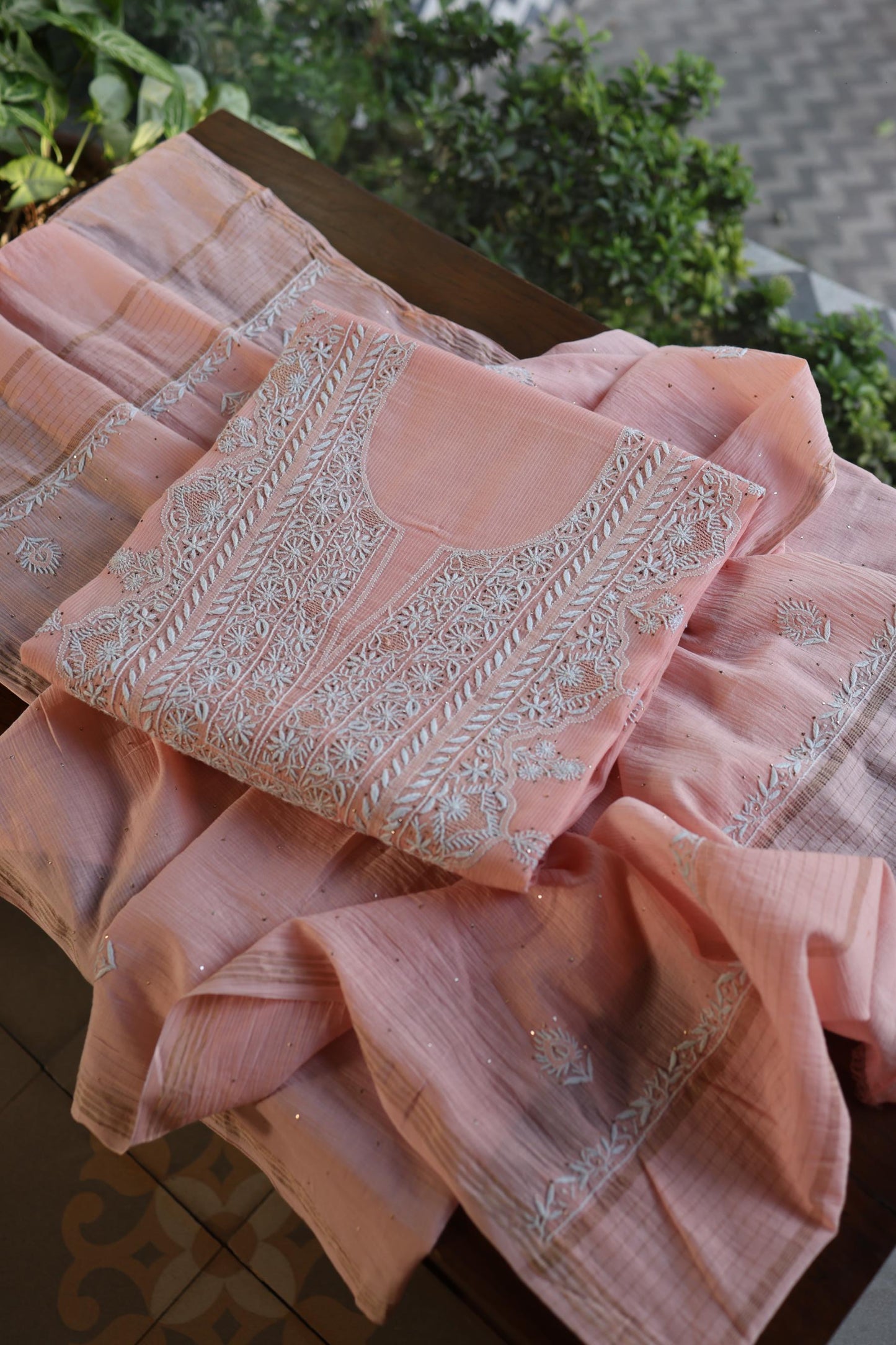 Pink Mal Cotton Fine Chikankari With Kamdani Work Unstitched Fabric
